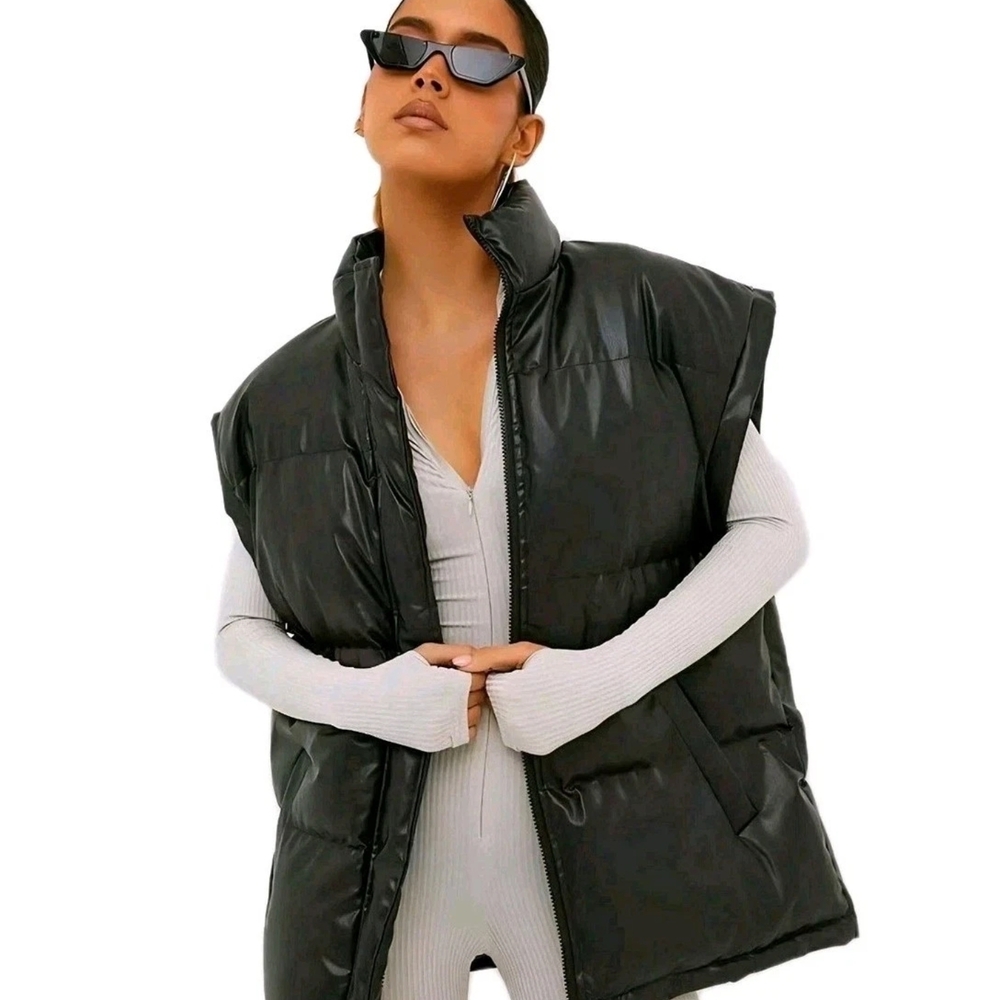 EUC Fashion Nova Black Oversized Y2K Faux Leather Puffer Gilet Vest Sz. S/M